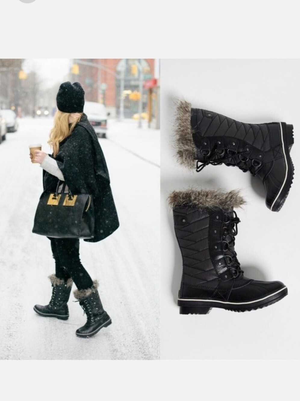 Sorel Tofina II Black Stone Waterproof Faux-Fur Trim Lace-Up Winter Boots Sz 7.5